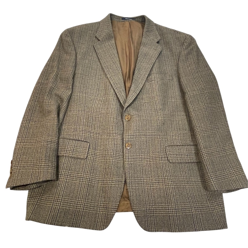 Chaps Ralph Lauren Mens 46R Wool Blazer Glen Plaid Sport Coat Brown Vintage 90s